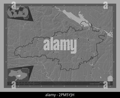 Kirovohrad, region of Ukraine. Bilevel elevation map with lakes and rivers. Locations and names of major cities of the region. Corner auxiliary locati Stock Photo