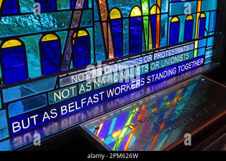 Belfast Workers standing together window, at Belfast City Hall, Donegall Square North, Belfast, Antrim, Northern Ireland, UK,  BT1 5GS Stock Photo