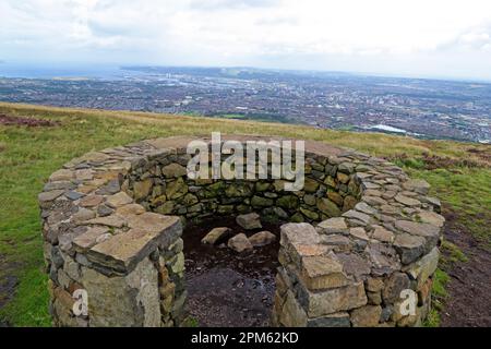 Divis black mountain / Dubhais - basalt viewpoint at the summit, looking over Belfast city, Northern Ireland, UK, BT17 0NG Stock Photo