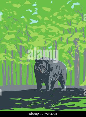 WPA poster art of an American black bear Ursus americanus or baribal endemic to North America in Shenandoah National Park, Virginia done in works proj Stock Photo