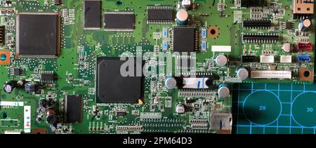 large microcircuits on a printed circuit board macro photography Stock Photo