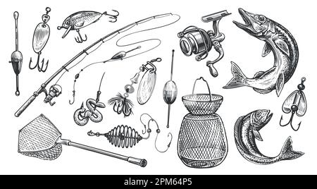Equipment for fishing set. Fishing rod, floats and other devices for sport fishing. Sketch vector illustration Stock Vector