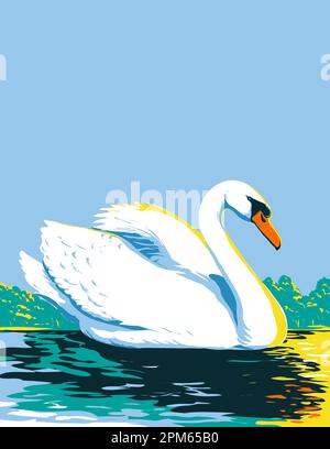 WPA poster art of a mute swan or Cygnus olor swimming in lake viewed from side done in works project administration style or federal art project style Stock Photo