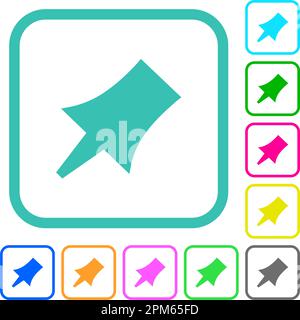 Push pin solid vivid colored flat icons in curved borders on white background Stock Vector