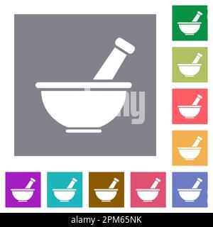 Mortar and pestle solid flat icons on simple color square backgrounds Stock Vector