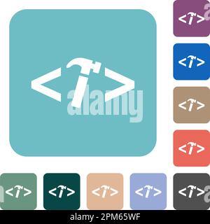 Web development with hammer white flat icons on color rounded square backgrounds Stock Vector