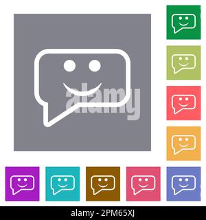 Rounded square smiling chat bubble outline flat icons on simple color square backgrounds Stock Vector