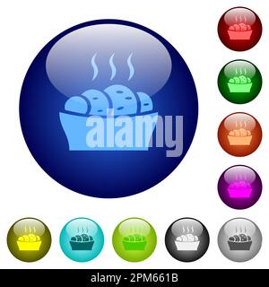 Fresh cake icons on round glass buttons in multiple colors. Arranged layer structure Stock Vector
