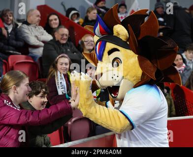 London, UK. 11th Apr, 2023. England Mascot Rory during the Women's International Friendly soccer match between England Women and Australia Women at Gtech Community Stadium in London, Britain, 11th April 2023. Credit: Action Foto Sport/Alamy Live News Stock Photo