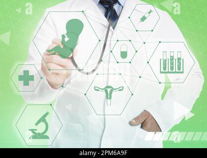 Doctor pointing at different virtual icons on light green background. Reproductive medicine concept Stock Photo