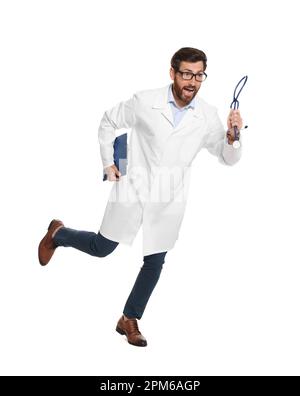 Doctor with stethoscope and clipboard running on white background Stock Photo