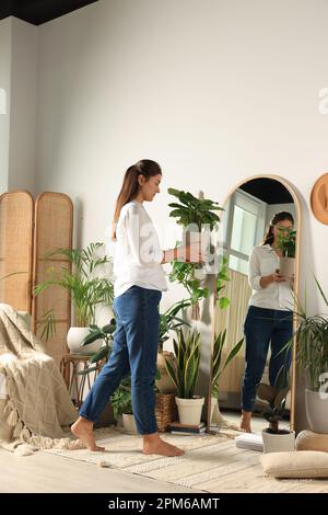 Young woman decorating room with houseplants at home Stock Photo