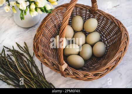 Green eggs in a wicker basket on a white marble table Stock Photo