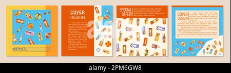 People sunbathing and relaxing in beach trendy cover or square card design set. Summer pattern page flyer, notebook planner with women, men in swimsuit. Brochure social media catalog page background Stock Vector