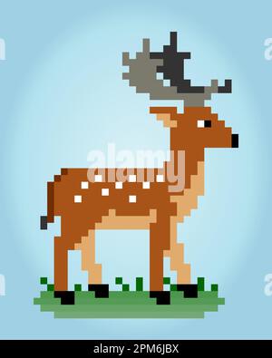 8 bit pixel deer. Animals for asset games in vector illustrations. Cross Stitch pattern. Stock Vector