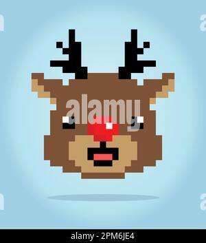 8 bit pixel deer with red nose. Animals for asset games in vector illustrations. Cross Stitch Pattern. Stock Vector