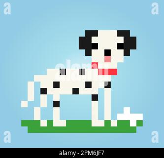 8 bit pixel of dalmatian dog. Animals for asset games in vector illustrations. Cross Stitch pattern. Stock Vector