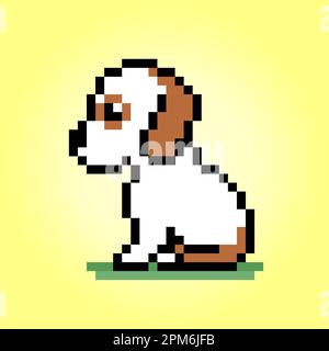 8 bit pixel sitting puppy . Animals for asset games in vector illustrations. Cross Stitch pattern. Stock Vector