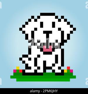 8 bit pixel of white dog. Animals for asset games in vector illustrations. Cross Stitch pattern. Stock Vector