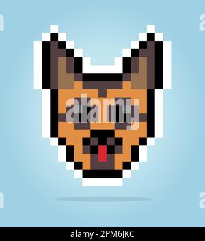 8 bit pixel of german shepherd dog. Animal head for asset games in vector illustrations. Cross Stitch pattern. Stock Vector