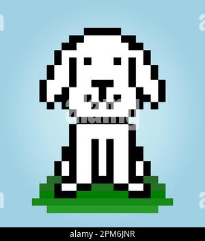 8 bits pixel of dogs is sitting. Animals for asset games in vector illustrations. Cross Stitch pattern. Stock Vector