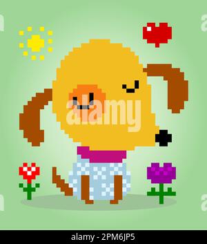 cute dog pixel 8 bits. Animals for asset games in vector illustrations. Cross Stitch pattern. Stock Vector