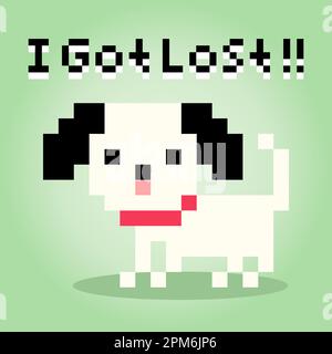 8 bits pixel of puppy got lost. Animals for asset games in vector illustrations. Cross Stitch pattern. Stock Vector