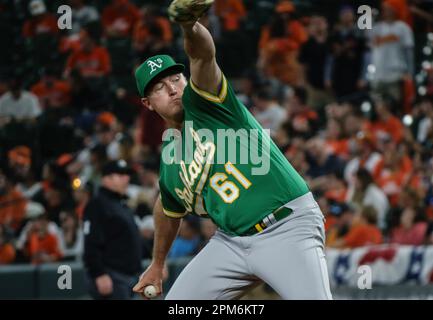 Baltimore, USA. 11th Apr, 2023. BALTIMORE, MD - APRIL 11: Oakland Athletics relief pitcher Zach Jackson (61) on the mound during a MLB game between the Baltimore Orioles and the Oakland Athletics on April 11, 2023, at Orioles Park at Camden Yards, in Baltimore, Maryland. (Photo by Tony Quinn/SipaUSA) Credit: Sipa USA/Alamy Live News Stock Photo