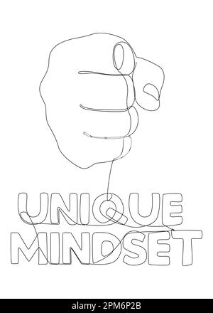 One continuous line of hand with Unique Mindset word. Thin Line Illustration vector concept. Contour Drawing Creative ideas. Stock Vector