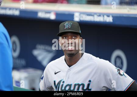 PHILADELPHIA, PA - APRIL 10: Miami Marlins starting pitcher Devin Smeltzer  (38) looks on during the game between the Miami Marlins and the  Philadelphia Phillies on April 10, 2023 at Citizens Bank