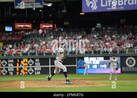 PHILADELPHIA, PA - APRIL 10: Miami Marlins starting pitcher Devin Smeltzer  (38) looks on during the game between the Miami Marlins and the  Philadelphia Phillies on April 10, 2023 at Citizens Bank