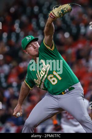 Baltimore, USA. 11th Apr, 2023. BALTIMORE, MD - APRIL 11: Oakland Athletics relief pitcher Zach Jackson (61) hurls one down during a MLB game between the Baltimore Orioles and the Oakland Athletics on April 11, 2023, at Orioles Park at Camden Yards, in Baltimore, Maryland. (Photo by Tony Quinn/SipaUSA) Credit: Sipa USA/Alamy Live News Stock Photo