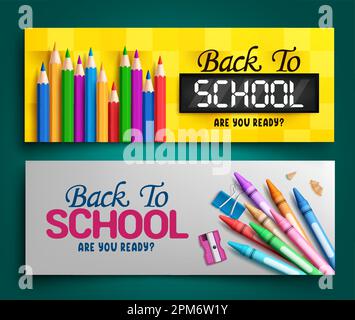 Back to school vector banner set. Back to school text with educational supplies element lay out collection. Vector illustration back to school banner Stock Vector