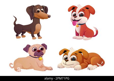 Set Puppy cute dog child, pets with adorable tail in comic cartoon style isolated on white background. Collection Emotional characters. Vector illustration Stock Vector