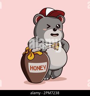 Cute bear with a pot of honey. Vector cartoon illustration. Stock Vector