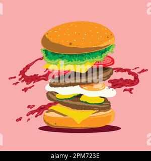 Hamburger vector illustration. Isolated on a pink background. Stock Vector