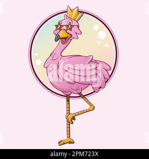 Pink flamingo with golden crown in round frame. Vector illustration. Stock Vector