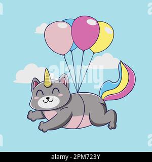 cute cat unicorn with balloons helium in the sky vector illustration design Stock Vector