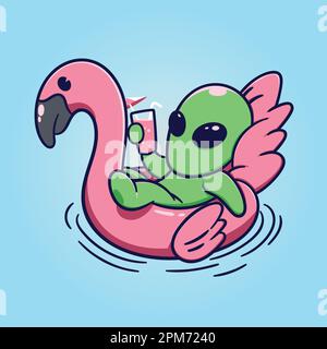 Funny Alien chill on flamingo swimming tire with a glass of cocktail. Vector illustration. Stock Vector