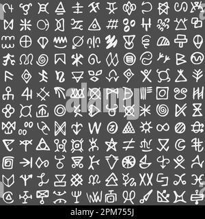 Grid of runes symbols. Ancient occult symbols, vikings like letters on white Stock Vector