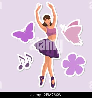 Vector illustration classical ballet sticker. Caucasian white faceless ballerina in a purple tutu and pointe shoes dancing with flower, butterfly and musical notes in a flat style Stock Vector
