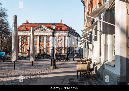 Vähätori square and the main library in Turku, Finland in spring during golden hour in the morning. Stock Photo