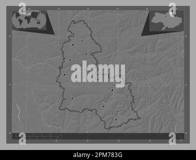 Sumy, region of Ukraine. Bilevel elevation map with lakes and rivers. Locations of major cities of the region. Corner auxiliary location maps Stock Photo