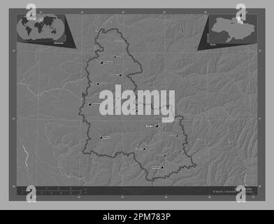 Sumy, region of Ukraine. Bilevel elevation map with lakes and rivers. Locations and names of major cities of the region. Corner auxiliary location map Stock Photo