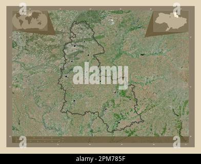 Sumy, region of Ukraine. High resolution satellite map. Locations of major cities of the region. Corner auxiliary location maps Stock Photo