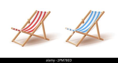 3d realistic stripped beach chair in blue and white and red and white colors with wooden construction isolated on white background. Vector illustratio Stock Vector