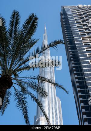 Dubai, United Arab Emirates - April 4, 2023: Incredible architecture of tallest skyscraper in world main attraction of Dubai Burj Khalifa. Travel in A Stock Photo