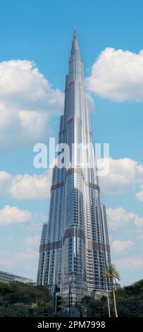 Dubai, United Arab Emirates - April 4, 2023: Incredible architecture of tallest skyscraper in world main attraction of Dubai Burj Khalifa. Travel in A Stock Photo