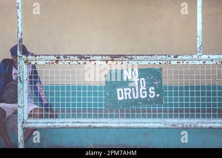 Sign reading 'No to drugs' in Davao city, Davao del Sur, Mindanao island, Philippines, Duterte Philippine drug war, Marcos rejected ICC investigations Stock Photo