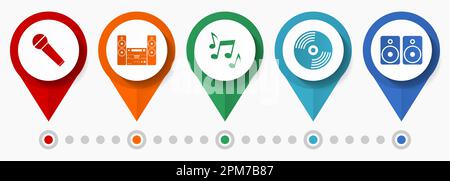 Multimedia icon set, flat design miscellaneous pointer icons such as microphone, stereo equipment, vinyl and speakers for webdesign and mobile applica Stock Vector